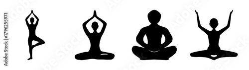 Set of four silhouette yoga poses for health mindfulness and wellness