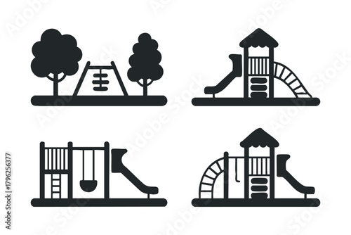 Playground equipment silhouette set with trees