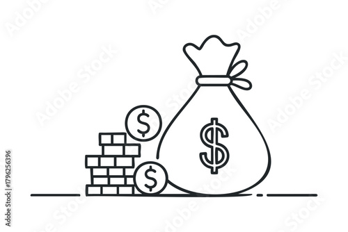 Money bag with dollar symbol and stack of coins