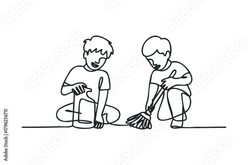 Two boys cleaning with broom and brush