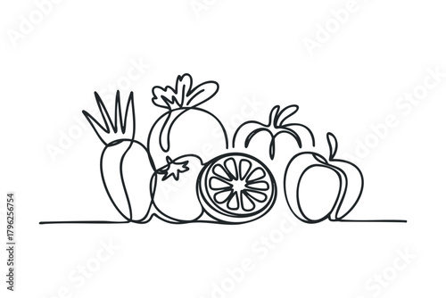 Simple line drawing of various fresh produce on white