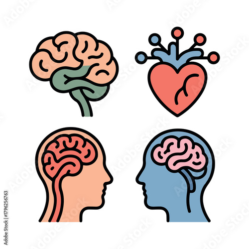 Four icons depicting brain heart and human heads with brains mind