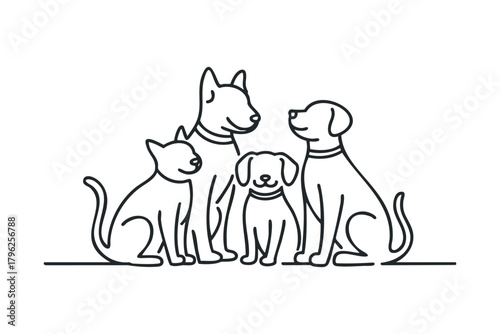 Line art of four pets including cat and three dogs