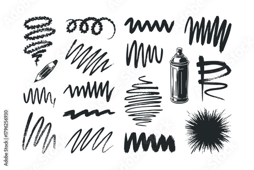 Brush stroke collection with spray can and pencil