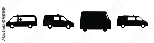 Collection of four black ambulance van silhouettes and emergency vehicle icons