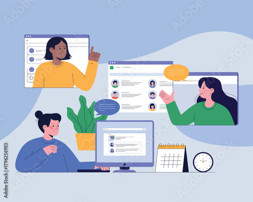 people connecting online with teleconference and video conference for meeting learning remote work flat vector illustration