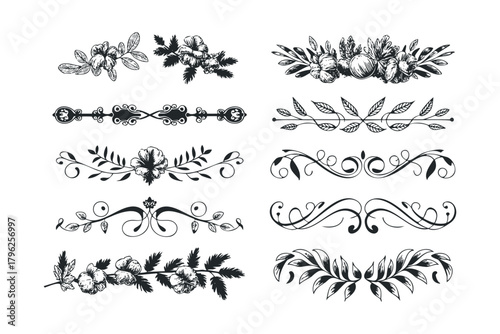 Set of floral and ornamental dividers hand drawn