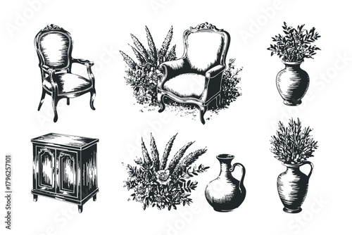 Ornate armchair cabinet vase with botanical arrangement