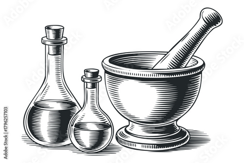 Glass Flasks and Mortar Pestle Science Lab Still Life