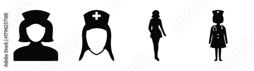 Set of nurse icons featuring different styles of uniforms and caps for healthcare professionals