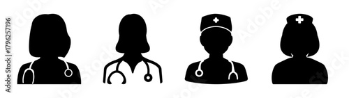 Set of silhouette medical professionals doctors nurses healthcare icons simple graphics