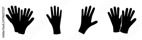 Collection of black medical gloves displayed in various hand poses and angles