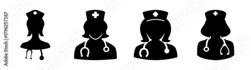 Set of nurse icons featuring stethoscopes and medical caps in silhouette style