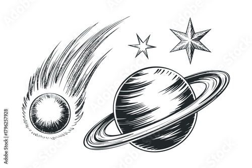 Hand drawn comet, planet with rings and stars