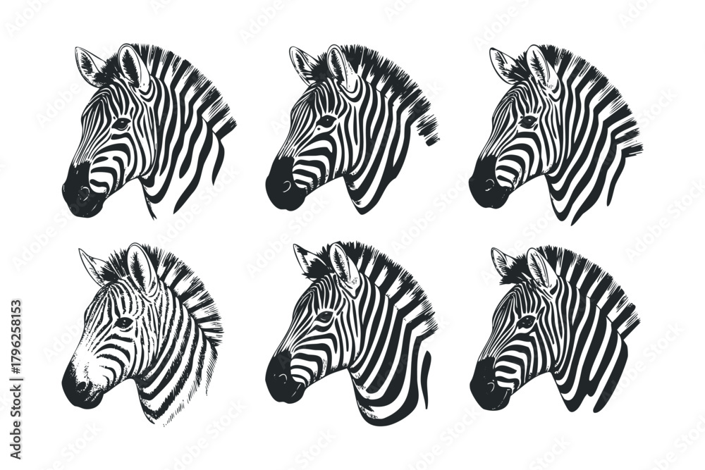Fototapeta premium Six Striking Zebra Head Illustrations
