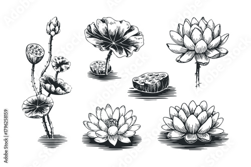 Collection of hand-drawn lotus flowers and seed pods