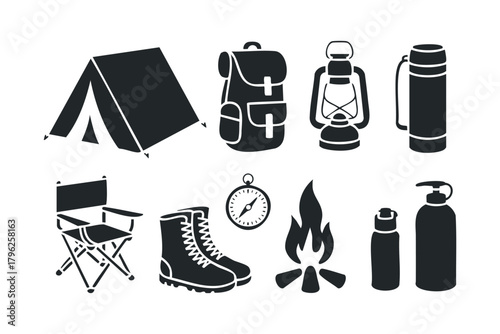 Outdoor camping equipment icons collection