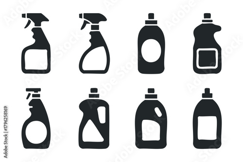 Household cleaning spray bottles and liquid containers silhouettes