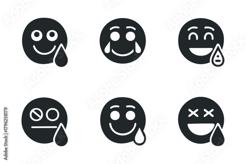 Six expressive emoji icons with tear drops