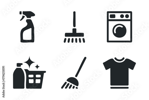 Household cleaning and laundry icons set on white