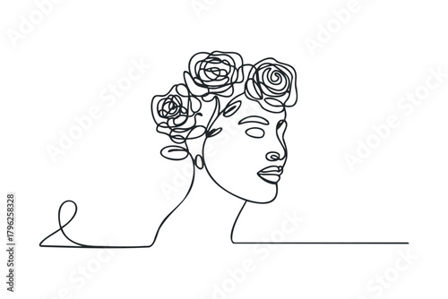 Line art portrait of a woman with flowers in her hair