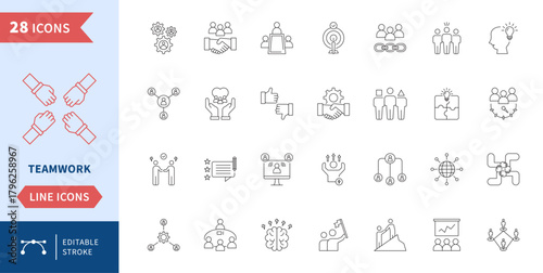 Teamwork line icon set editable stroke. Collaboration leadership partnership support unity communication strategy