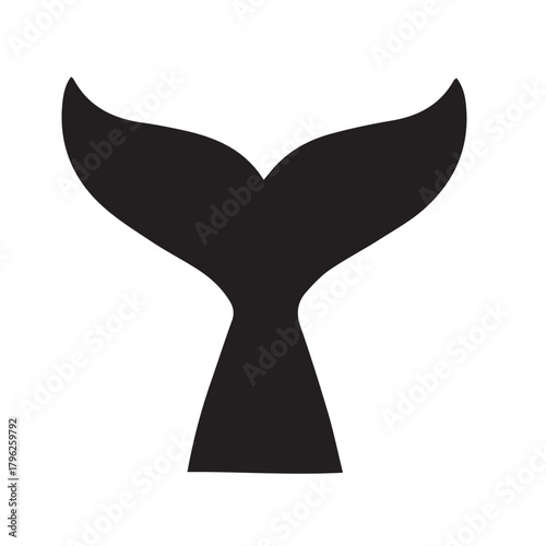 A black silhouette of a whale tail, featuring a distinctive V-shaped notch, set against a clean white background.