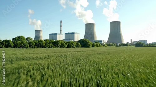 A verdant wheat field leads to a nuclear power plant on the horizon under a partly cloudy blue sky, plumes of white smoke against the sky indicating energy generation.