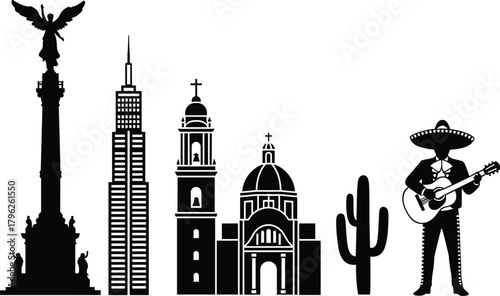Mexican landmarks and cultural symbols silhouette illustration featuring monuments, cathedral architecture, cactus, and traditional mariachi musician playing guitar
