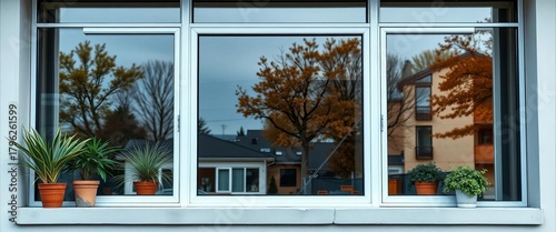 Secure first-floor window with reinforced glass, strong frame, and impact-resistant film,   first floor,   building security