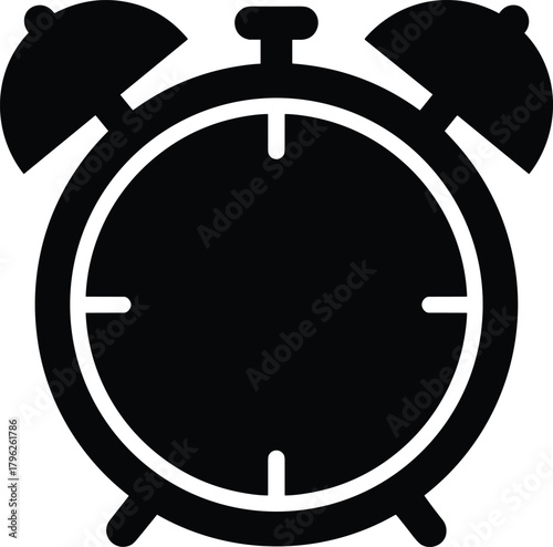 Minimalist black and white alarm clock icon, time symbol, punctuality concept, morning wake up, countdown, schedule reminder design