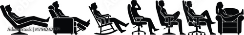 People sitting in chairs silhouette, relaxing positions illustration, office and home comfort, ergonomic seating concept, resting lifestyle, modern furniture design