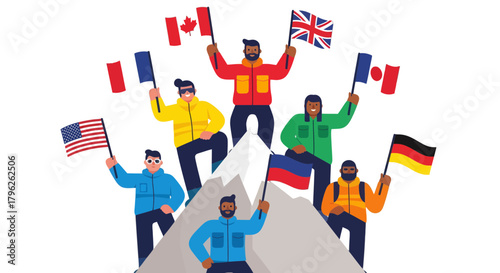 Diverse Group Of Adventurers Celebrate Peak Achievement With National Flags On Mountain