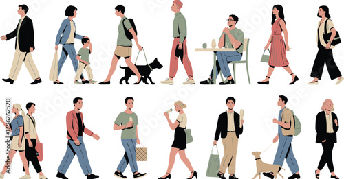 People walking in city street illustration, diverse characters strolling, modern urban lifestyle, casual outfits, daily activities, stylish pedestrians and commuters