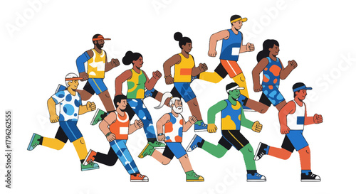 Diverse Group Running Energetically Against A Black Backdrop Creating A Vibrant Illustration