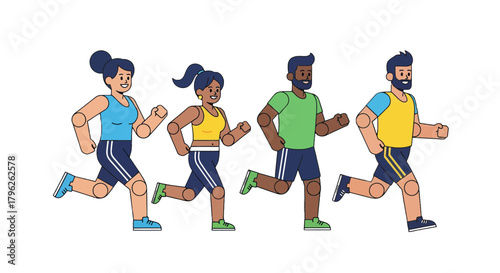 Diverse Group Running Together Depicted With Stylized Character Designs