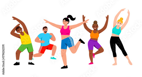 Diverse Group Of People Engaging In Aerobic Exercise Against Black Background