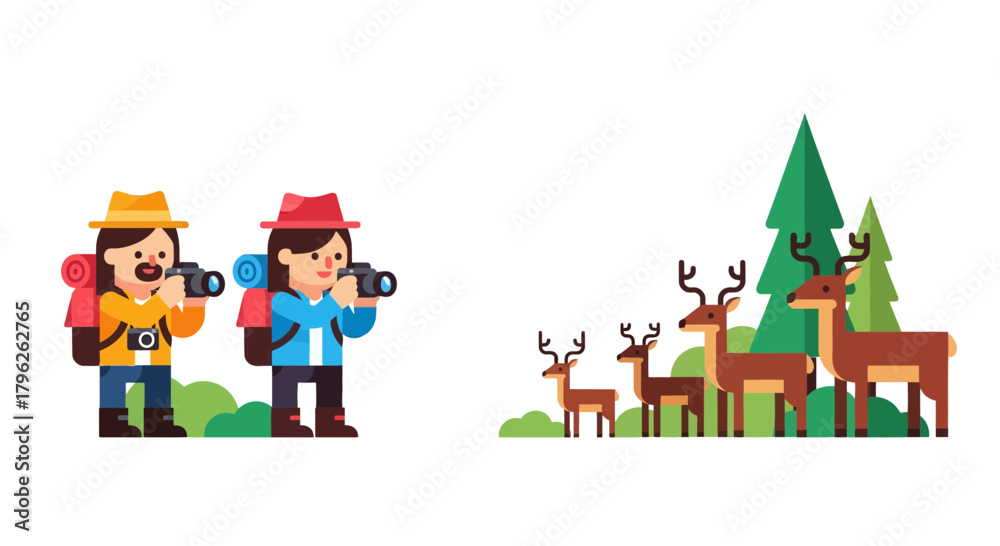 Naklejka premium Enthusiastic Photographers Capturing Majestic Deer In A Picturesque Natural Setting