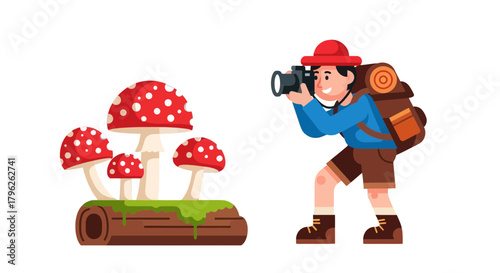 Enthusiastic Photographer Snapping Pictures Of Brightly Colored Mushrooms In The Forest