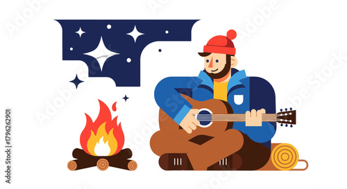Evening Ambiance: Musician Serenades Under Stars During Summer Camping Adventure
