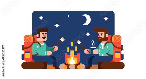 Evening Campfire Companions: Roasting Marshmallows Under The Illuminated Night Sky