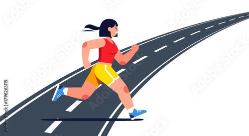 Energetic Female Runner Powerfully Striding on a Road with Determination and Focus