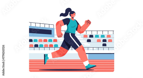 Energetic Female Runner Sprinting On Track With Stadium Background For Fitness Concept