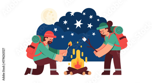 Evening Campfire Serenity: Two Campers Enjoying Marshmallows Under a Starry Night Sky