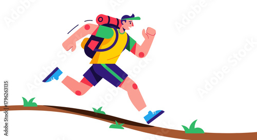 Energetic Hiker Ascending a Trail Over a Black Backdrop Depicting Outdoor Adventure