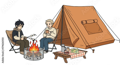 Evening Campfire Serenity: Two Friends Enjoying Roasted Marshmallows Near A Tent
