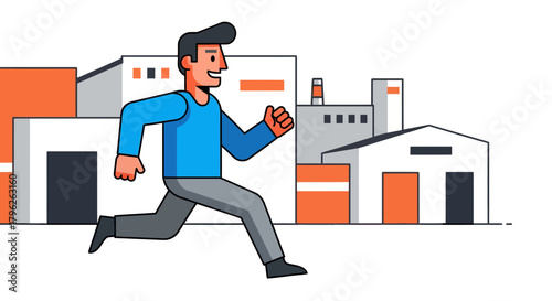 Energetic Person Running Away From Buildings or Factories in a Vector Illustration