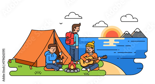 Evening Campfire, Camping, Enjoying Nature And Playing Guitar, Together