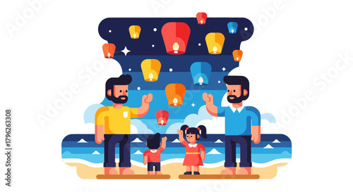 Evening Celebration: Families Releasing Lanterns Under a Delightful Night Sky