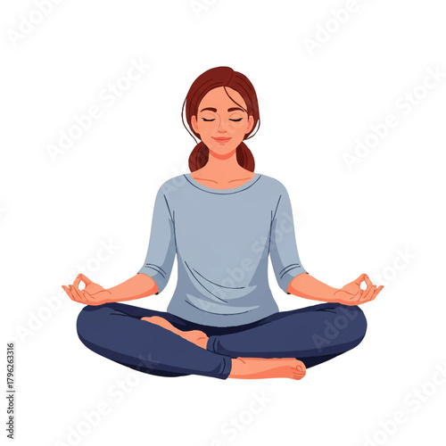 Illustration of a serene woman meditating in lotus position against a clean white background